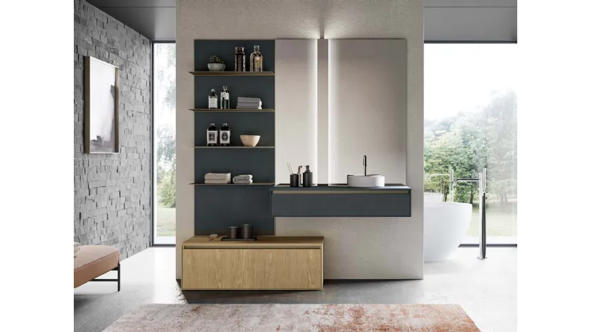 Mobile da Bagno sospeso in laccato opaco grigio antracite e canneté essenza rovere naturale Traccia 06 di Birex